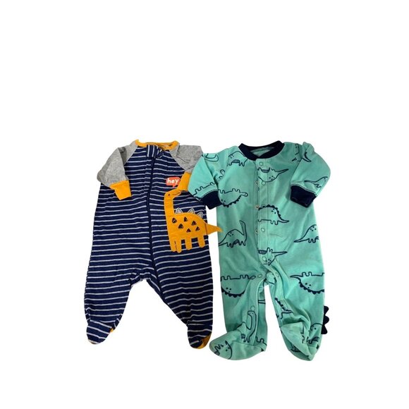 Lot of 2 Boys Infant Baby Size Newborn Bodysuit Footed Sleeper Pajamas Blue Stri - Picture 1 of 3